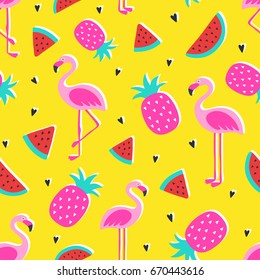 Vector tropical patternwith pink pineapple, flamingos, watermelon on yellow