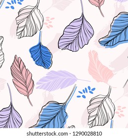 Vector tropical pink blue palm leaves with grunge decoration. Exotic navy blue paint traces on background. Banana leaves dynamic pattern