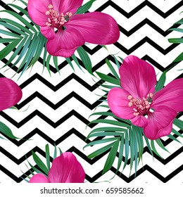 Vector Tropical pink flowers and palm leaves seamless pattern. Floral exotic Hawaiian background. Blooming elements. Hand drawn jungle plants. Trendy print. 