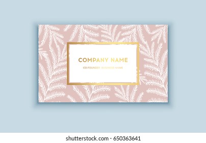 Vector tropical pink and gold business card. Exotic design for cosmetics, spa, perfume, health care products. Can be used as wedding or summer background