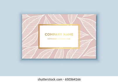 Vector Tropical Pink And Gold Business Card. Exotic Design For Cosmetics, Spa, Perfume, Health Care Products. Can Be Used As Wedding Or Summer Background