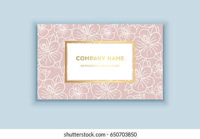 Vector tropical pink and gold business card. Exotic design for cosmetics, spa, perfume, health care products. Can be used as wedding or summer background