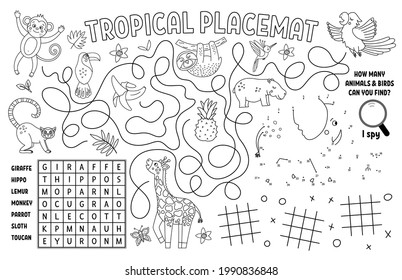 Vector tropical placemat for kids. Exotic summer printable activity mat with wordsearch, dot-to-dot, maze, I spy. Black and white play mat or coloring page with cute jungle animals, birds, fruit