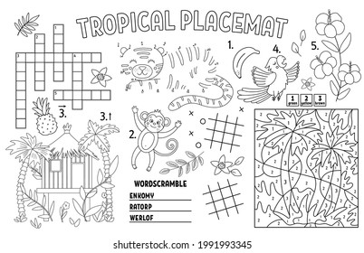 Tropische Plazenta für Kinder. Exotische sommerliche druckbare Aktivitätsmatte mit Stichwort, Punkt zu Punkt, Labyrinth, Farbe nach Zahl. Schwarz-Weiß-Spielmatte oder Farbseite mit süßen Dschungeltieren, Vögeln