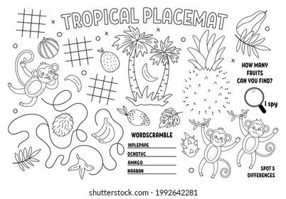 Vector tropical placemat for kids. Exotic summer printable activity mat with difference searching, dot-to-dot, maze. Black and white play mat or coloring page with cute jungle animals, monkey, banana