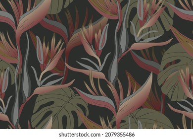 Vector tropical plant seamless  pattern. Monstera and heliconia isolated on a dark background. Panoramic tropics.