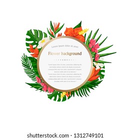 Vector Tropical plant,leaves and flowers background in circle isolated on a white background