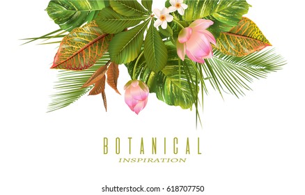 Vector tropical plants banner on white background. Exotic floral design for cosmetics, perfume, health care products, aromatherapy. Can be used as wedding invitation. With place for text