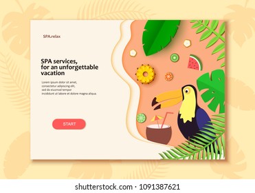 Vector tropical plants citrus fruit, toucan banner in trandy paper cut style. Exotic floral design for SPA, vacation, jungle camp, summer party. Can be used as wedding invitation in Hawaiian style