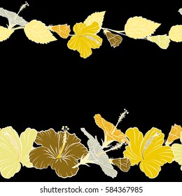 Vector tropical plants and hibiscus flowers in yellow and brown colors on a black background. Horizontal bright hawaiian design with copy space (place for your text).