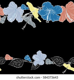 Vector tropical plants and hibiscus flowers in yellow, blue and pink colors on a black background. Horizontal bright hawaiian design with copy space (place for your text).