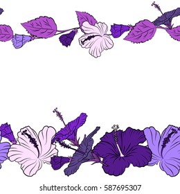Vector tropical plants and hibiscus flowers in violet colors on a white background. Horizontal bright Hawaiian design with copy space, place for your text).