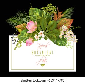 Vector tropical plants horizontal banner on black background. Exotic floral design for cosmetics, perfume, health care products, aromatherapy. Can be used as wedding invitation. With place for text.