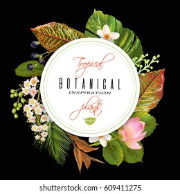 Vector tropical plants round banner on black background. Exotic floral design for cosmetics, perfume, health care products, aromatherapy. Can be used as logo design. With place for text.