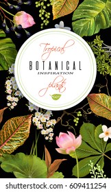 Vector tropical plants vertical banner on black background. Exotic floral design for cosmetics, perfume, health care products, aromatherapy. Can be used as wedding invitation. With place for text.