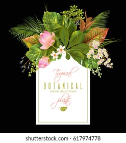 Pancarta vertical de plantas tropicales vectoriales sobre fondo negro. Diseño tropical exótico para cosméticos, perfumes, productos sanitarios, aromaterapia. Se puede utilizar como invitación de boda. Con lugar para el texto.