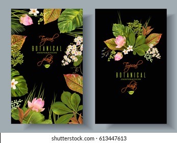 Vector tropical plants vertical banners on black background. Exotic floral design for cosmetics, perfume, health care products, aromatherapy. Can be used as wedding invitation. With place for text.