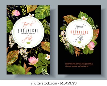 Vector tropical plants vertical banners on black background. Exotic floral design for cosmetics, perfume, health care products, aromatherapy. Can be used as wedding invitation. With place for text.