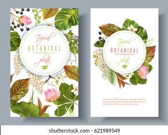 Vector tropical plants vertical banners on white background. Exotic floral design for cosmetics, perfume, health care products, aromatherapy. Can be used as wedding invitation. With place for text
