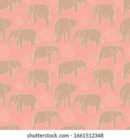 
Vector tropical playful beige elephants, seamless repeat pattern on coral background. Use for textile design, fashion prints, papers and print on demand products.