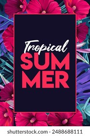 Vector tropical poster flyer. Drawn bright flowers, exotic. Hawaiian poster. Tropic
