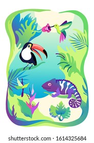 Vector tropical print in cartoon style. Cute chameleon, toucan, hummingbird.