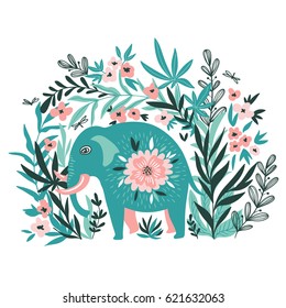 Vector tropical print for t-shirt with elephant in the jungle. Trendy animal design in boho style. 