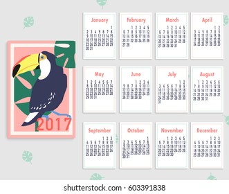 Vector tropical printable calendar 2017 with toucan. Blue, pink, yellow and green colors. Colorful cute monthly calendar.