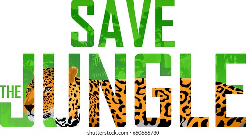 Vector tropical rainforest illustration with jaguar (Save the jungle)