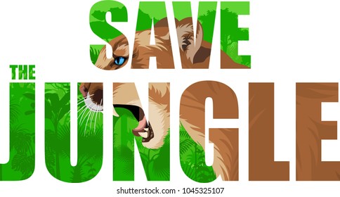 Vector tropical rainforest illustration with mountain lion puma cougar (Save the jungle)