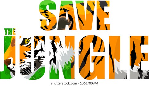 Vector tropical rainforest illustration with tiger (Save the jungle)