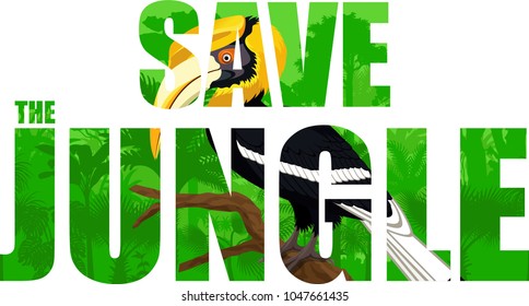 Vector tropical rainforest illustration with yellow billed great hornbill (Save the jungle)