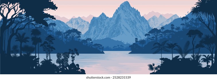 Vector tropical rainforest Jungle lake with mountains 