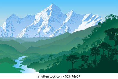 Vector Tropical Rainforest Jungle Mountains with river