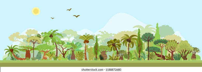 Vector tropical rainforest landscape with palms and other tropical trees. Tropical forest panoramic illustration. Flat vector design of tropical forest landscape in light green summer colors