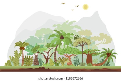 Vector tropical rainforest landscape with palms and other tropical trees. Tropical forest panoramic illustration. Flat vector design of tropical forest landscape in light green summer colors