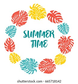 Vector tropical round frame. Hand-drawn floral design with sample text. For ad, poster, greeting card with sample text.