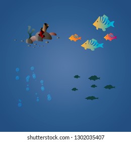 vector tropical sea set with fish, bubbles and corals. Marine element