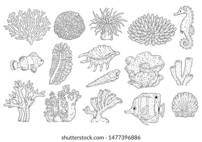 Vector tropical sea underwater corals, fish, shell and scallop monochrome set. Aquatic reef animals and plants. Hand drawn ocean flora and fauna collection. Isolated illustration