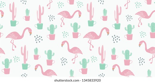 Vector tropical seamless pattern background with flamingo hand drawn colorful vintage childish drawing style