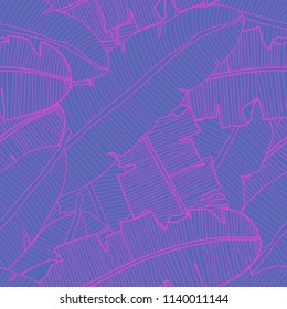 Vector tropical seamless pattern with banana leaves. Exotic plant in trendy bright neon colors. Hand drawn textile print.
