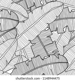 Vector Tropical Seamless Pattern with Banana Leaves. Exotic Plants in Black and White Colors. Tropical Leaves. Abstract Floral Pattern. Hand Drawn Textile Print.