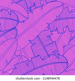 Vector tropical seamless pattern with banana leaves. Exotic plant in trendy bright neon colors. Hand drawn textile print.