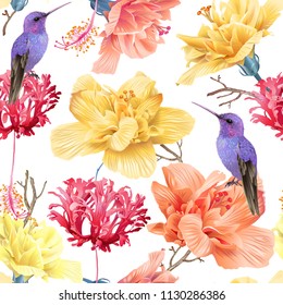 Vector tropical seamless pattern with bright flowers and hummingbird on white. Exotic floral background design for cosmetics, spa, perfume, health care products. Best as wrapping paper