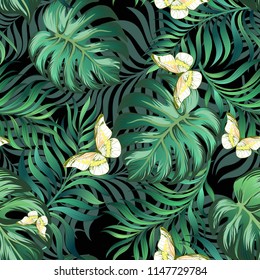 Vector tropical seamless pattern with butterflyes and palm leaves