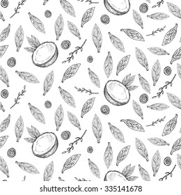 Vector tropical seamless pattern with coconut, leaves and branches. Botanical illustration perfectly for print, packing and textiles design. 