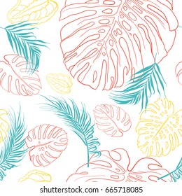 Vector tropical seamless pattern of colorful hand drawn plants leaves. Creative trendy design for textile, print and paper.
