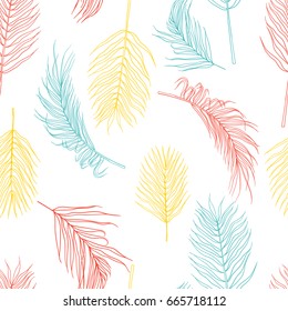 Vector tropical seamless pattern of colorful hand drawn plants leaves. Creative trendy design for textile, print and paper.