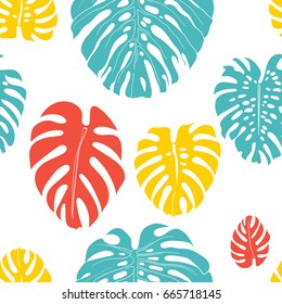 Vector tropical seamless pattern of colorful hand drawn plants leaves. Creative trendy design for textile, print and paper.