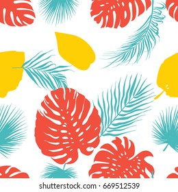 Vector tropical seamless pattern of colorful hand drawn plants leaves. Creative trendy design for textile, print and paper.